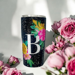Carta personalizada, copo térmico de café de aço inoxidável com inicial, caneca personalizada com strass, xícara deslumbrante, presente de Natal, presente de dia das mães