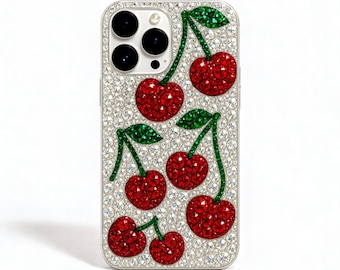Rhinestone Red Cherry phone case for iPhone 12 13 14 15 16 17  Air Pro Max, Samsung S23 24 25 Ultra, Bling Bedazzled Cover, Christmas Gifts