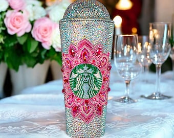 Mandala Bling Starbucks Coffee Tumbler with Straw, Personalized Rhinestone Mug, Bedazzled Cup, Christmas Gift Ideas Mother&#39;s Day Gift