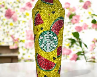 Vaso de café Starbucks con diseño de sandía y pajita, taza personalizada con diamantes de imitación, regalo de Navidad y del Día de la Madre.
