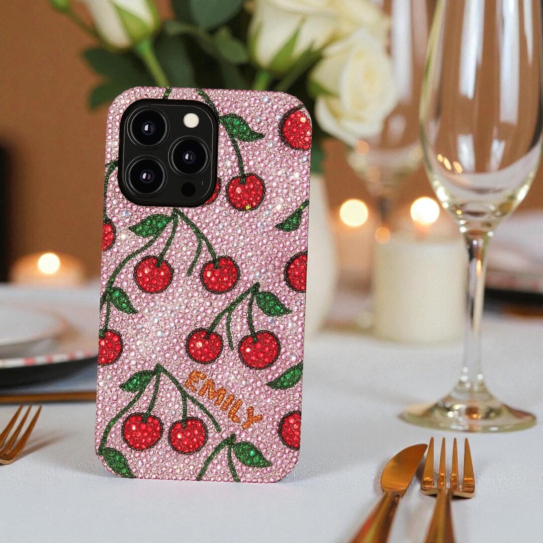 Rhinestone Red Cherry Phone Case for iPhone 14 15 16 17 Air Pro Max ...