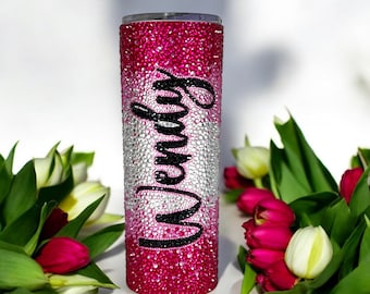 Custom Name Stainless Steel Skinny Tumbler with Straw, Personalized Rhinestone Mug, Floral Bedazzled Cup, Christmas Gift Mother&#39;s Day Gift