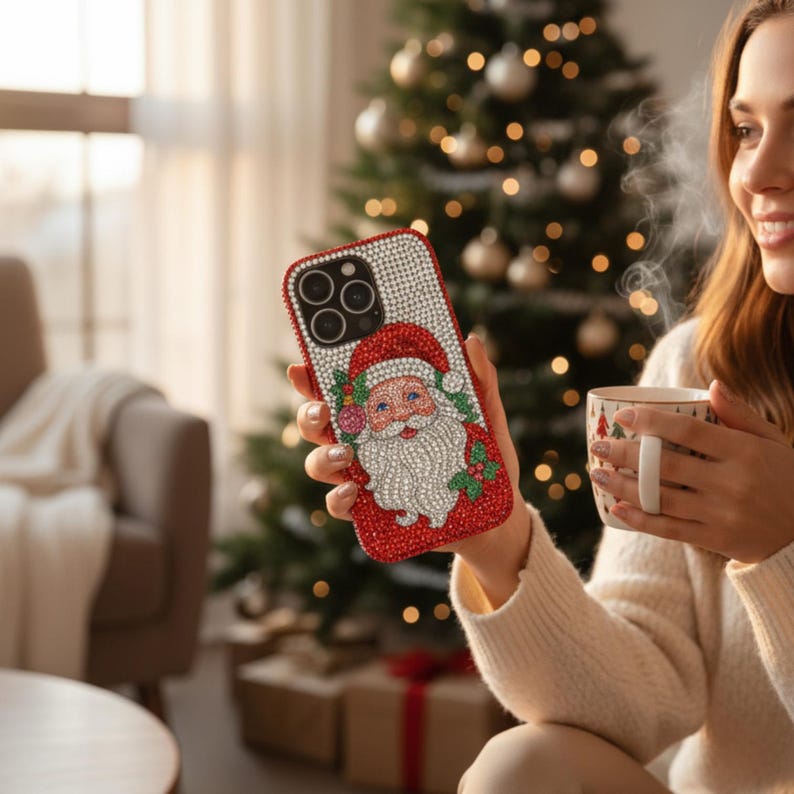 May include: A red and silver bedazzled phone case featuring a Santa Claus design. The case has a white background with a Santa illustration, surrounded by red rhinestones. The phone case is held in front of a Christmas tree.