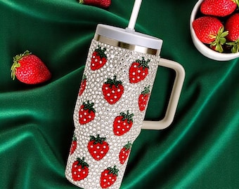 Rhinestone Strawberry Stainless Steel Coffee Tumbler Thermos, Personalized Rhinestone Mug, Bedazzled Cup, Christmas Gift Mother's Day Gift