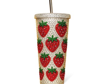 Vaso de café Starbucks con fresa brillante y pajita, con nombre personalizado y cristales deslumbrantes, regalo de Navidad, Krystal Krush