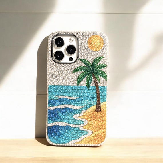 Rhinestone Beach Phone Case for iPhone 14 15 16 Pro Max, Samsung S23 S24 S25 Ultra, Bling Bedazzled Handmade Christmas Gift Rhinestone Beach Phone Case for iPhone 14 15 16 Pro Max, Samsung S23 S24 S25 Ultra, Bling Bedazzled Handmade Christmas Gift