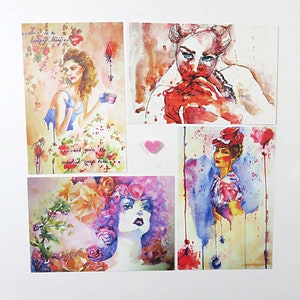 4 Pak "Love is a Creepy Thing" aquarel postkaarten Opmerking wenskaarten Collectible Gifts Paper Hearts Fashion Illustratie 4"x6" kleine kunst