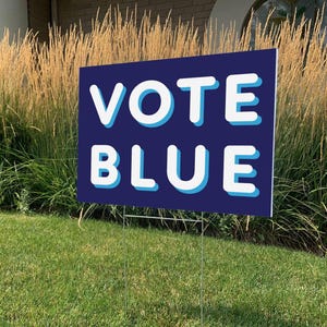 May include: A rectangular yard sign with a dark blue background and the text VOTE BLUE in bold white capital letters with a light blue drop shadow. The sign is mounted on a thin metal H-frame stake, positioned upright in a green grass lawn.