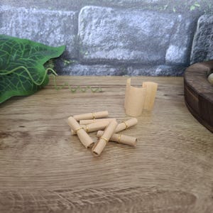 May include: Several small, rolled paper scrolls with gold-coloured rings, and a small, folded paper container. They are arranged on a wooden surface, with a stone wall backdrop and a large green leaf.