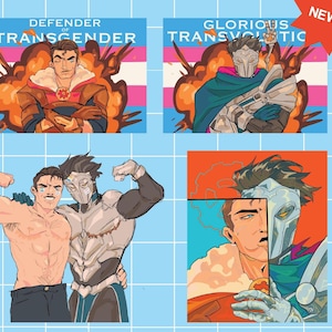 Op de afbeelding: Vier stripboekachtige illustraties. Twee tonen een personage met een masker en cape, met de tekst "DEFENDER OF TRANSGENDER" en "GLORIOUS TRANSVOLTIC". De andere twee tonen gespierde figuren. Eén heeft de tekst "NEW!!".