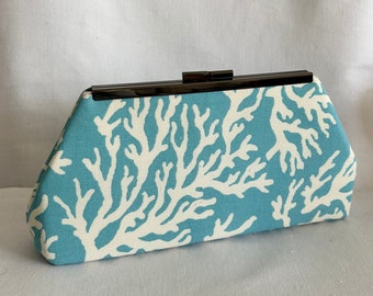 Coral Aqua Clutch with a mini lavender sachet, lined with beach inspired print - Purse - Bag