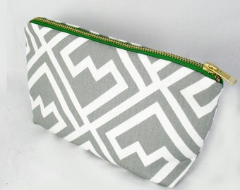 Geo Grey Zipper Clutch - Green Metal Zipper