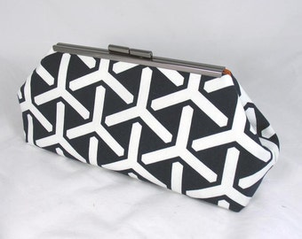 Geo Navy clutch lined with contrast color faux silk - Framed Clutch-  Purse - Bag