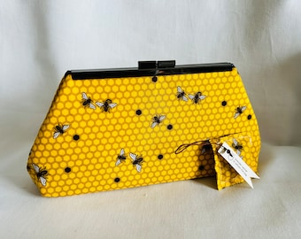 Beehive print clutch lined with contrast color faux silk - Framed Clutch-  Purse - Bag with a Mini Lavender Sachet