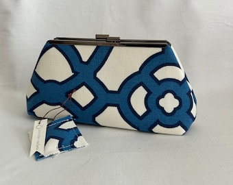 Geo Blue Clutch with a mini lavender sachet, lined with contrast color faux silk- Purse - Bag