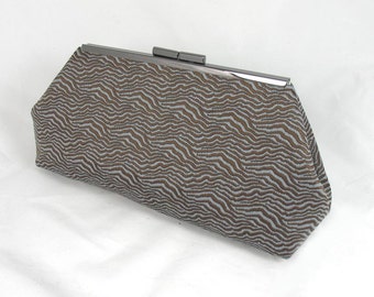 Jacquard woven brown teal wave pattern clutch lined with contrast color faux silk - Framed Clutch-  Purse - Bag