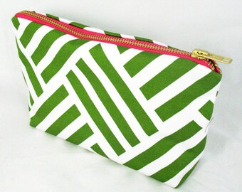 Geo Green Zipper Clutch - Pink Metal Zipper