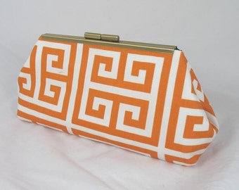 Greek Key Orange Clutch lined with contrast navy color faux silk- Purse - Bag with a mini lavender sachet.