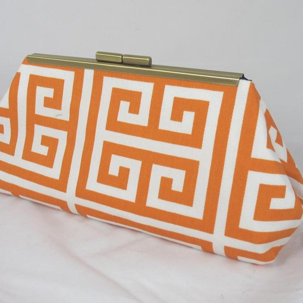 Greek Key Orange Clutch lined with contrast navy color faux silk- Purse - Bag with a mini lavender sachet.