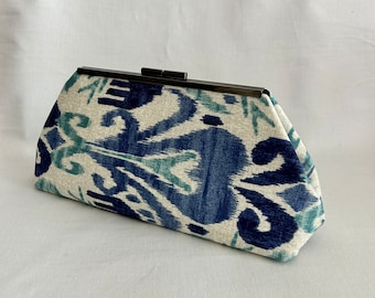 SALE - Blue Ikat clutch with mini lavender sashet - Framed Clutch - Purse - Bag