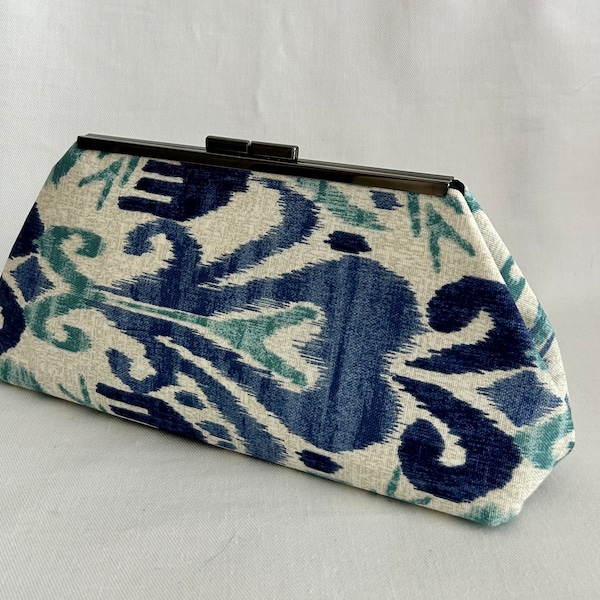 SALE - Blue Ikat clutch with mini lavender sashet - Framed Clutch - Purse - Bag