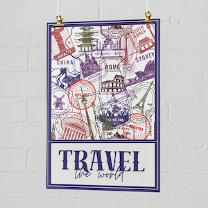 Printable Travel the world Poster Wall poster boho Briefmarken Viele Länder Off White Navy Blue dekoratives Poster für die Wand