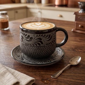 Może przedstawiać: Ciemnoszary ceramiczny kubek z pasującym spodkiem, ozdobiony misternymi tłoczonymi wzorami kwiatowymi i kropkami, wypełniony gorącym latte z pianką w kształcie serca, w towarzystwie małej srebrnej łyżeczki na drewnianej powierzchni.