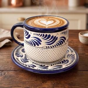 Könnte beinhalten: Eine Keramik-Kaffeetasse mit passender Untertasse, die eine cremefarbene Basis mit aufwendigen, handbemalten dunkelblauen Federmustern und einem texturierten Punktedesign aufweist. Die Tasse enthält einen heißen Latte mit Herz-Milchschaum.