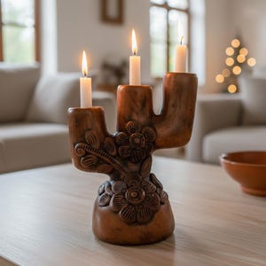 Puede incluir: Un candelabro marrón de tres velas con detalles florales. El candelabro está hecho de un material marrón oscuro y tiene tres velas blancas encendidas. El diseño incluye flores y hojas talladas. El candelabro está sobre una mesa de madera de color claro.