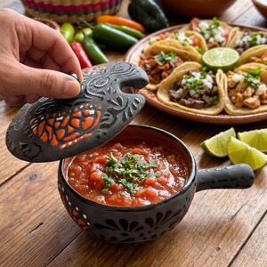 May include: A black ceramic salsa bowl with a handle, filled with red salsa and garnished with fresh herbs. The bowl's lid features an orange and black butterfly design. The image also shows tacos, guacamole, chips, and limes on a wooden table.