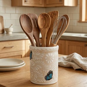 May include: A collection of wooden kitchen utensils, including spoons and a whisk, displayed in a cream-colored ceramic utensil holder. The holder is decorated with a floral pattern and blue butterfly accents. The utensils are made of various types of wood.