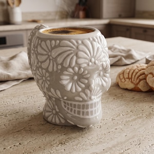 Off White Skull Mug, Minimalist Calavera Cup, Light Grey Pottery, Day of the Dead Altar Decor, Halloween Tea Mug, Lead-Free Fall Gift Idea
