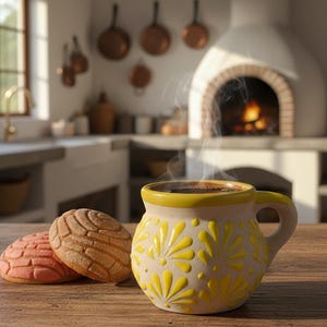 Puede incluir: Una taza de café humeante con diseños florales amarillos descansa sobre una mesa de madera, junto a dos pasteles concha. El fondo muestra una cocina cálida con chimenea.