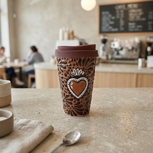 May include: A brown ceramic travel mug with a dark brown silicone lid. The mug features a raised, intricate floral pattern and a central emblem of a heart with a flame motif, outlined in white, set against a dark brown textured background.