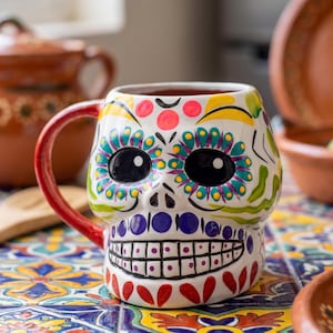 Handpainted Sugar Skull Mug | Colorful Day of the Dead Coffee Cup | Ceramic Halloween Altar Decor | Whimsical Fall Theme Party Favor Gift