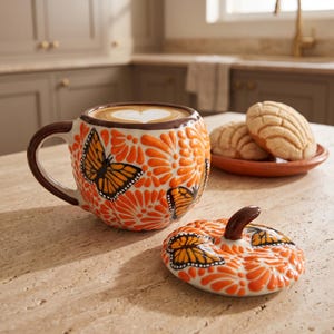 Ceramiczny kubek z dynią i pokrywką, filiżanka do kawy z motylem monarchą, ręcznie malowana ceramika Talavera, Ofrenda na Dzień Zmarłych, jesień Halloween