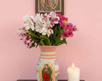 Made To Order - Hand-painted Virgen de Guadalupe Flower Vase - Virgin Mary Mexican Florero - Centerpiece - Fiesta Favors