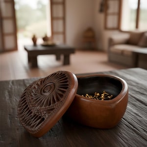 May include: A brown, heart-shaped wooden jewellery box with an open lid, revealing gold-coloured jewellery inside. The lid features intricate carved patterns. The box sits on a dark wooden surface, with a blurred interior in the background.