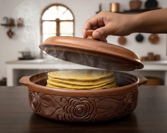 Calentador de tortillas hecho a mano - Cerámica mexicana marrón - Tortillero - Regalo de inauguración de casa - Boda - Regalo para ella - Canasta de cerámica