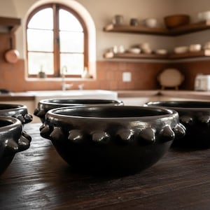 Puede incluir: Un conjunto de seis cuencos de cerámica negra con un diseño texturizado y puntiagudo alrededor del borde. Los cuencos están colocados sobre una mesa de madera oscura, con una cocina al fondo.