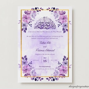 Plantilla de invitación digital para boda islámica o Nikkah: tema morado y dorado