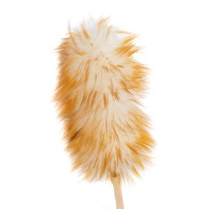 May include: A long, fluffy duster with a wooden handle. The duster is primarily white with brown tips, giving it a layered look.
