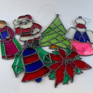 Vintage Stained Glass-like Christmas Ornaments, set of 7, Santa, Angel, Choir Singer, Poinsettias, Bell, and Tree