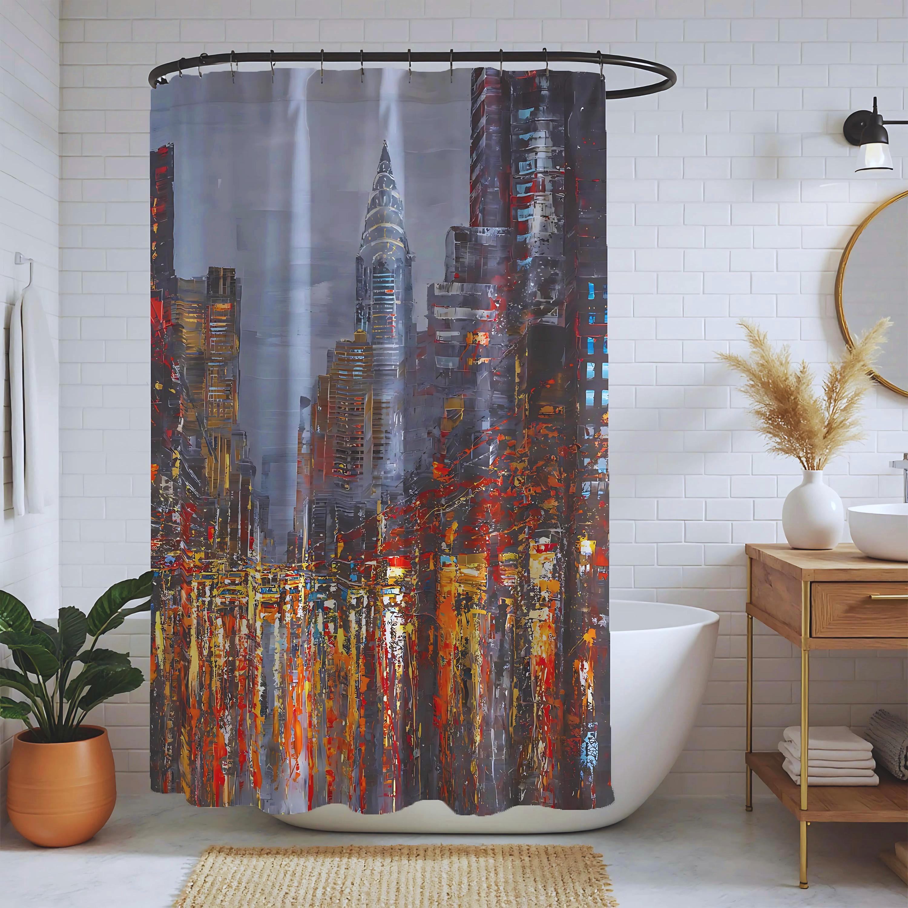 Chrysler Building NYC Shower Curtain with Colorful Impressionist Skyline,  Urban Contemporary Bathroom Accent, image size:3000x3000