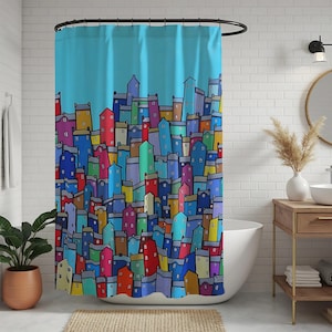 Urban City Houses Shower Curtain with Colorful Modern Architecture Art Design for Bold Bathroom Décor and Contemporary Home Style