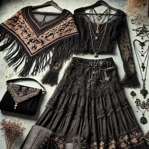 May include: An assortment of gothic-inspired clothing and accessories. Includes a black lace skirt, long-sleeved top, fringed shawl, handbag, and ankle boots. Various necklaces and jewelry are also displayed, creating a dark, romantic aesthetic.
