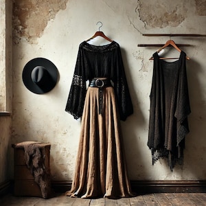 May include: A black lace top with long sleeves and a tan maxi skirt, styled with a black belt, hangs on a wooden hanger. A black hat is mounted on the wall. A dark brown shawl with fringe hangs on a separate wooden hanger.