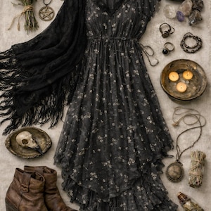 May include: A dark floral print dress with a tiered skirt, paired with a black shawl, brown boots, and various accessories like rings, a top hat, and a pentagram pendant. The dress features a V-neck and a cinched waist.