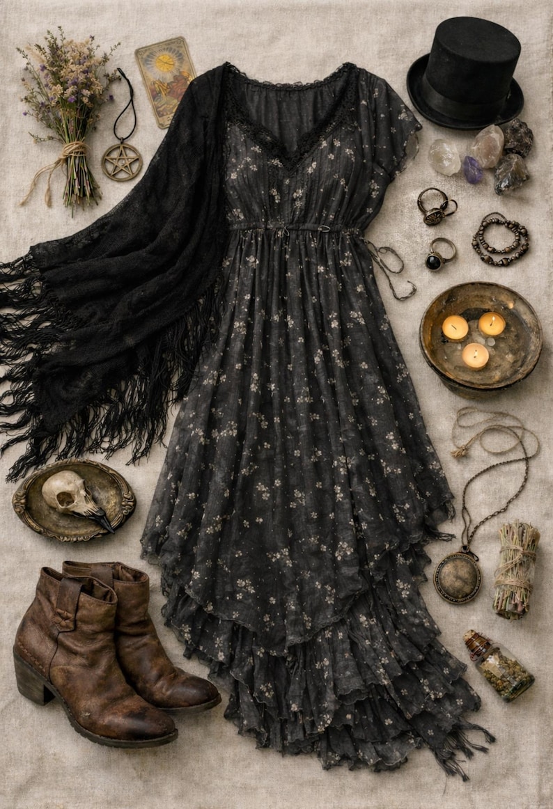 May include: A dark floral print dress with a tiered skirt, paired with a black shawl, brown boots, and various accessories like rings, a top hat, and a pentagram pendant. The dress features a V-neck and a cinched waist.