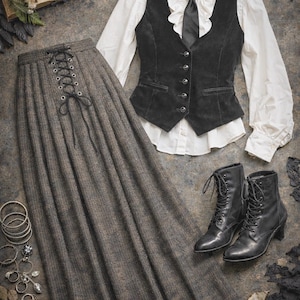 May include: A long brown tweed skirt with a front lace-up closure, a white long-sleeve ruffled blouse, a black vest with buttons, a black necktie, and a pair of black lace-up ankle boots. Several silver-toned rings are arranged on the side.